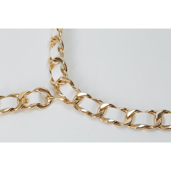 Vintage White Leather Belt Gold Chain Link Interwoven Woven Waist Cinch Rare S main image 8